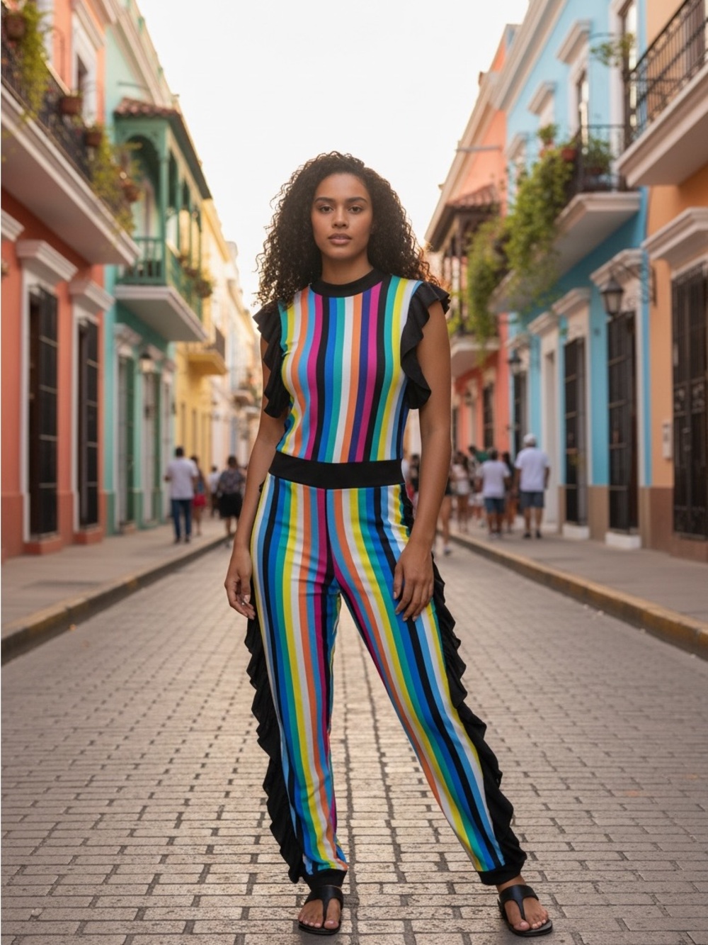 Women’s Multicolor Stripe Jumpsuit with Black Trim - Picture 2 of 9